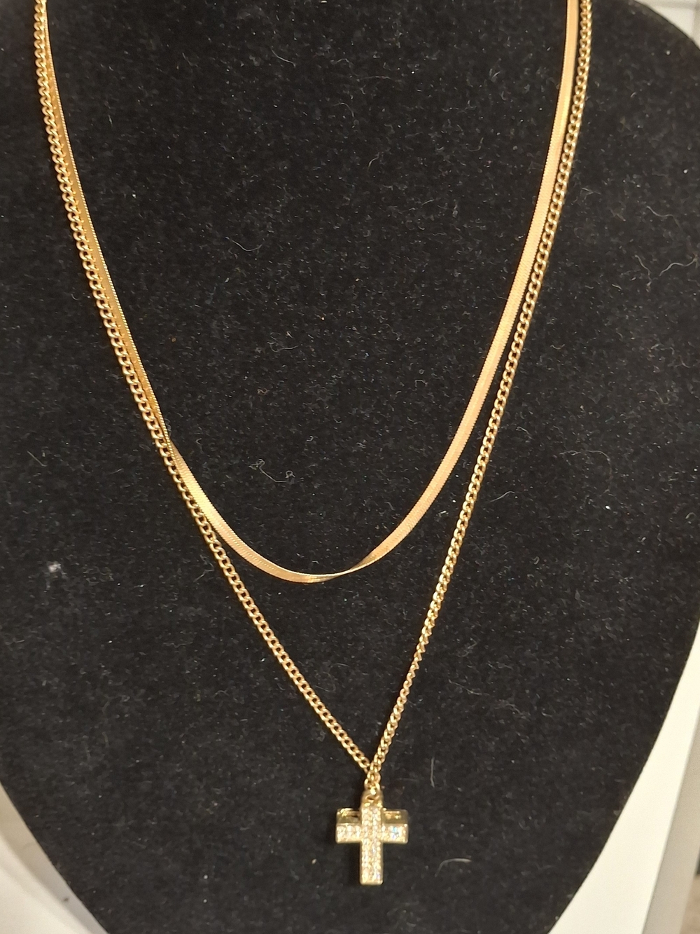 Rose Gold Tone Layered Necklace With Sparkling Cross Charm 16" To 20"